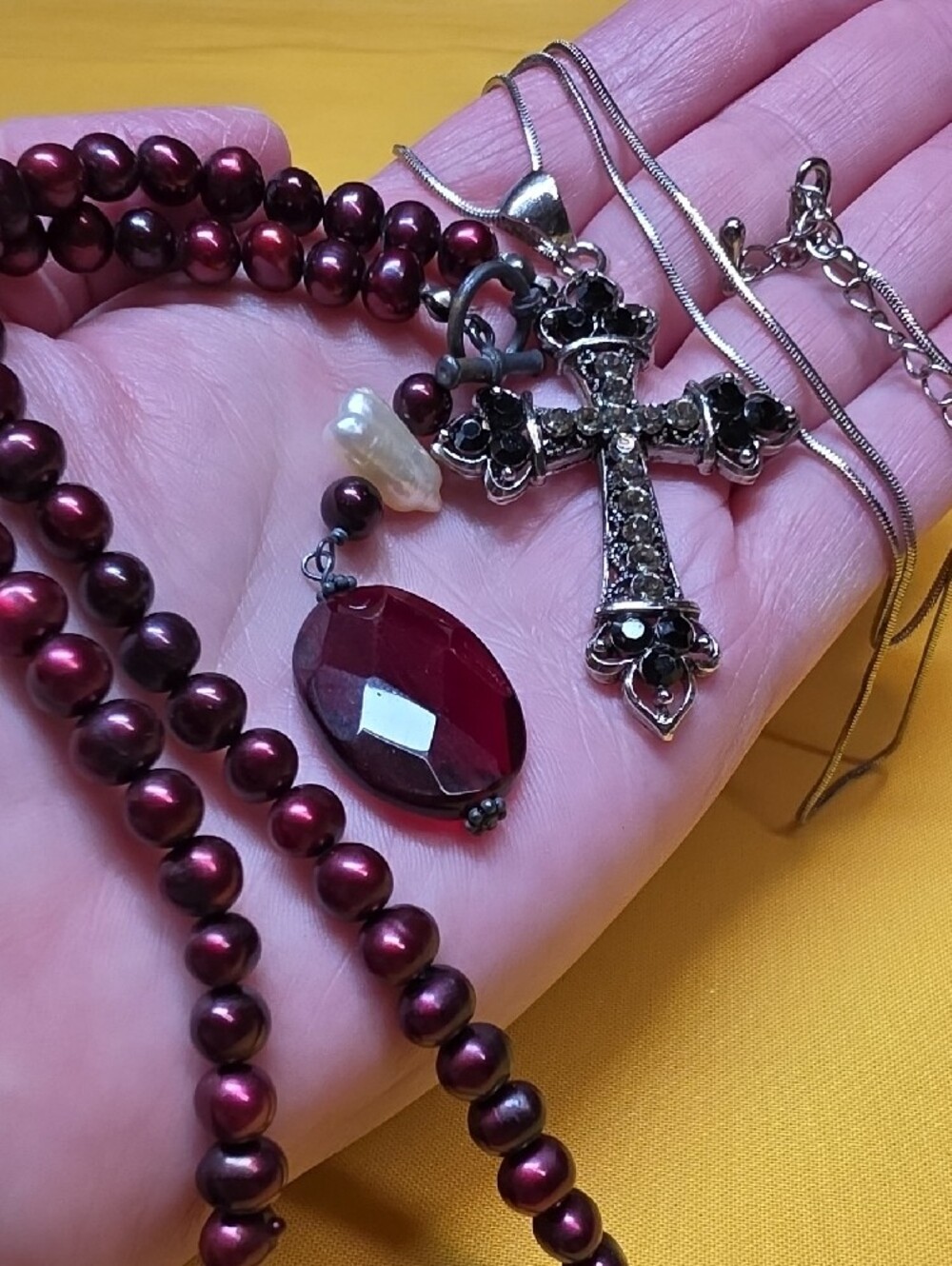 Gothic Rhinestone Cross & Maroon Pearl Faceted Pendant Necklaces ▪︎ Lot of 2